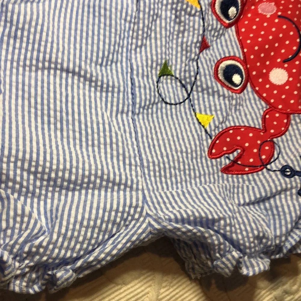 Goodlad crepe baby Blue and White Striped crepe one piece with Red Crab Design